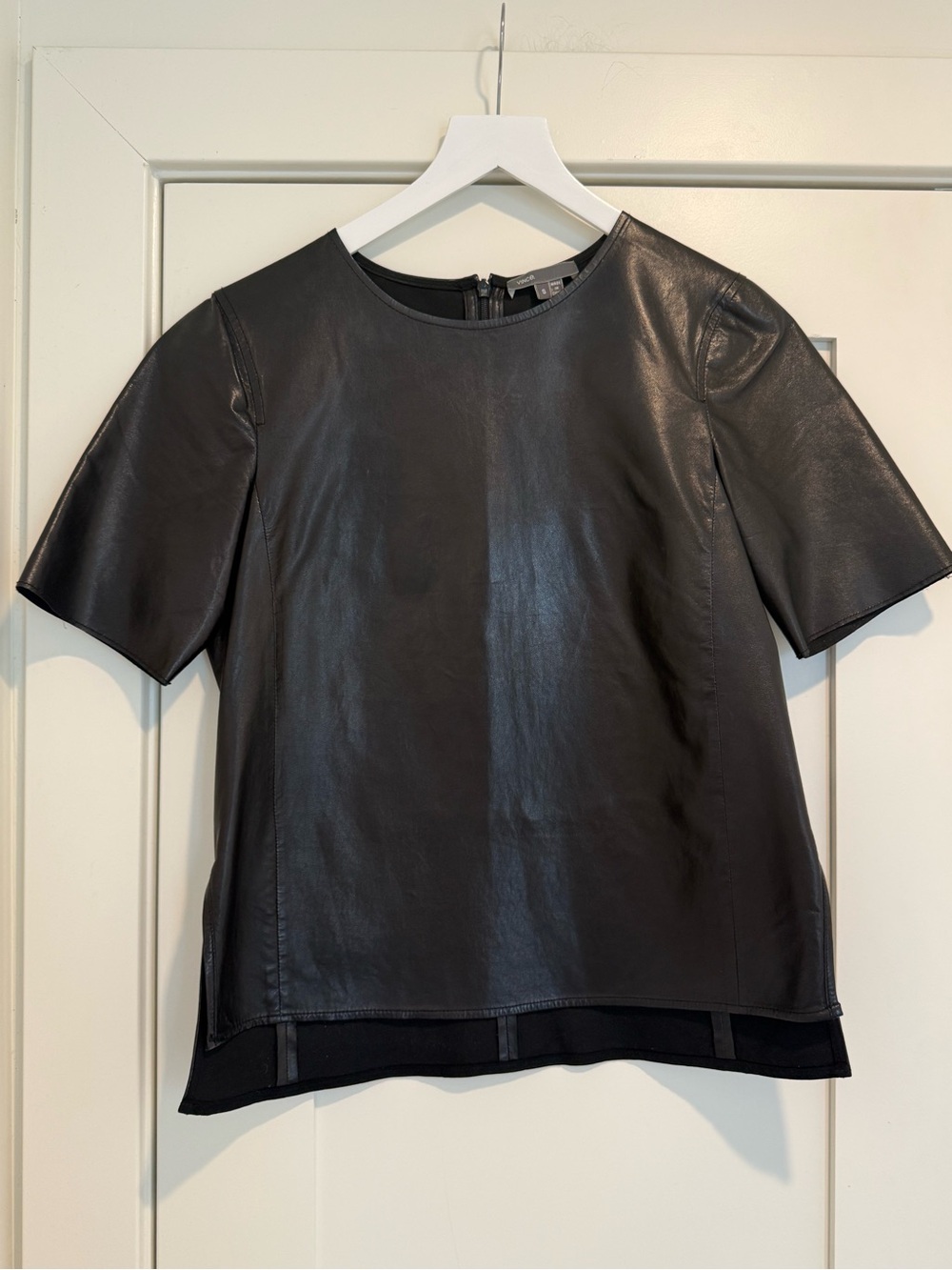 Vince Leather Short-Sleeve Top - Black Size Small
